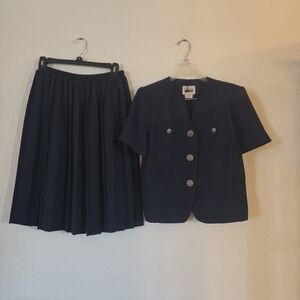 Leslie Fay Navy Two-Piece Pleated Skirt Set